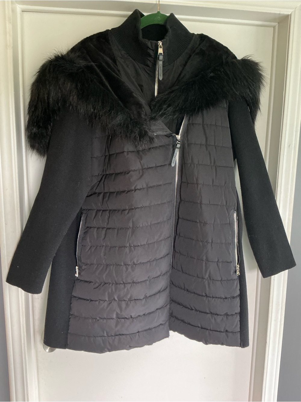 Calvin Klein Womens plus 2X Black Quilted Coat with Faux Fur Trim Jacket EC